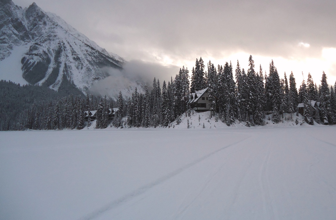 The cabins of Emerald Lake Lodge on the shoreline