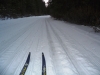 With 10K to go, the snow cover on the Spray River trail was very thin. The tracks were un-skiable