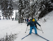 A group of schoolkids was climbing up the Upper Telemark trail