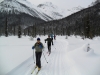 Skiers enjoying the first day of 2012 on the alluvial fan trail