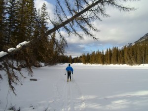 Skiing on the Bow river, minus one pole basket
