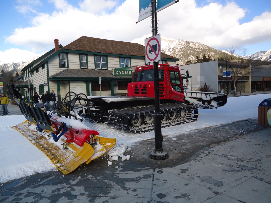 The Pisten-Bully grooms and tracksets main street in Canmore