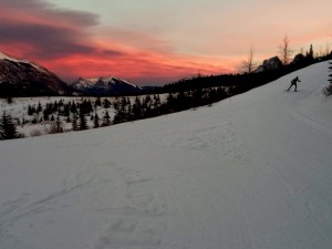 Skiing into a beautiful sunset on Meadowview