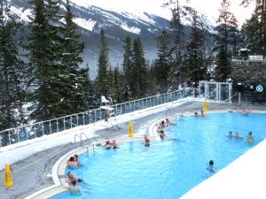 A soak in the upper hot springs in Banff is a treat at the end of the Goat creek ski trip