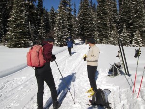 Chatting with passing skiers on Tyrwhitt while we were stopped for a snack