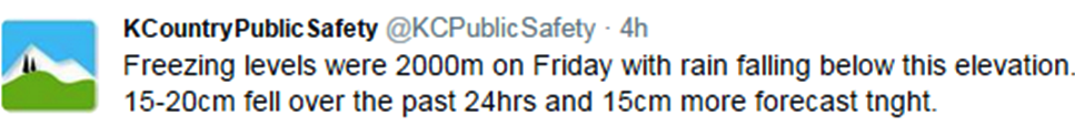 Tweet from Kananaskis Public Safety at 4:30 pm