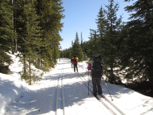 Judging from the size of their backpacks, I would guess these skiers on Elk Pass are heading for the Elk Lakes cabin.
