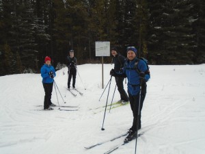 This group of skiers at the Lodgepole - Meadow junction are happy because they have waxless skis. 