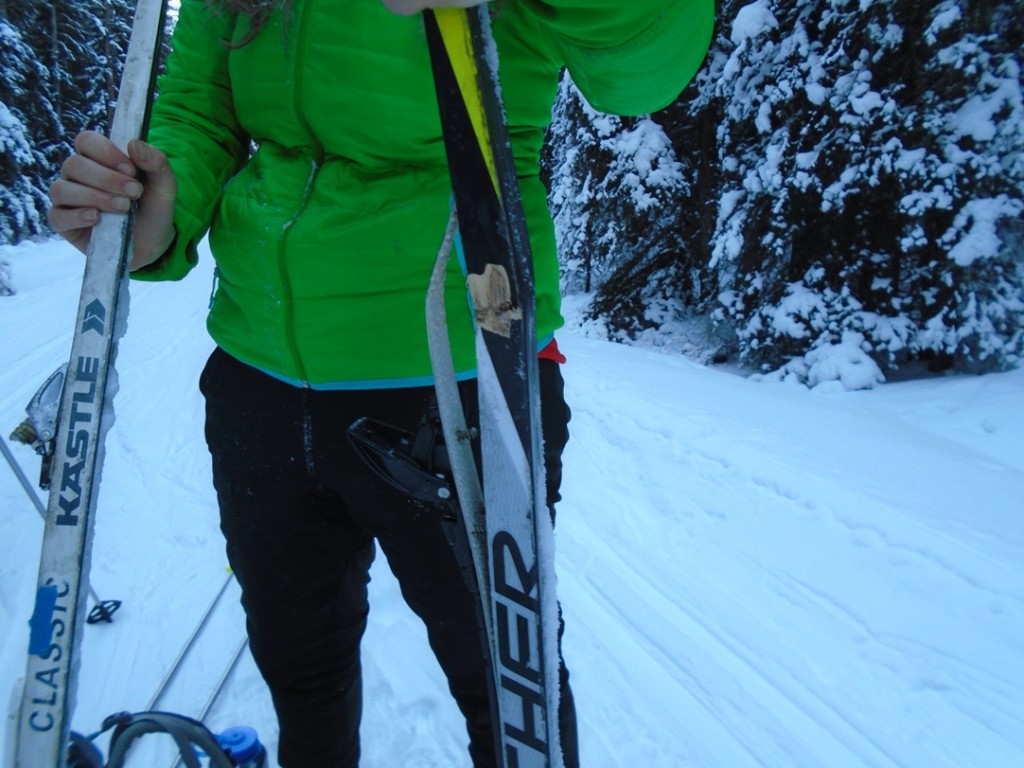 Seraina with broken skis on Spray river