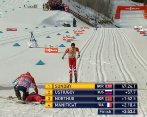 Alex Harvey crosses the finish line in 5th place in the Ski Tour Canada. Petter Northug receives attention from his coach. 