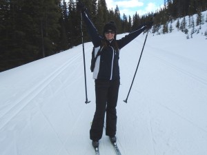 It was Adriana's first time on xc skis and she loved it. This is on Moraine Lake road