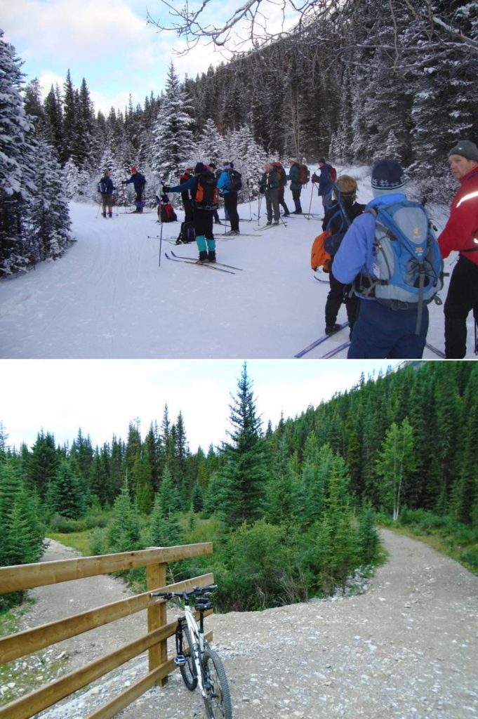 The Cascade river bridge at 6K tends to be a gathering spot for skiers. At the end of the bridge, you can go left into the campground, or right on the main trail 