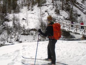Skier falls as he approaches the Goat Creek bridge at 7K and his friend looks on helplessly