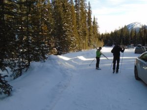 These skiers chose to walk through the campground to the start of leg 6(Johnston Canyon to Sawback).