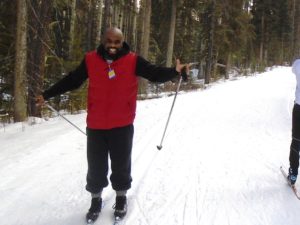 It was DJ's first time on skis. He was coming to the end of Banff trail at 5.5K