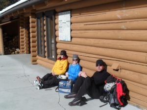 Karen, Hannah, and Scott from Saskatoon were enjoying the sunshine at Pocaterra hut. It started snowing 30 minutes later. 